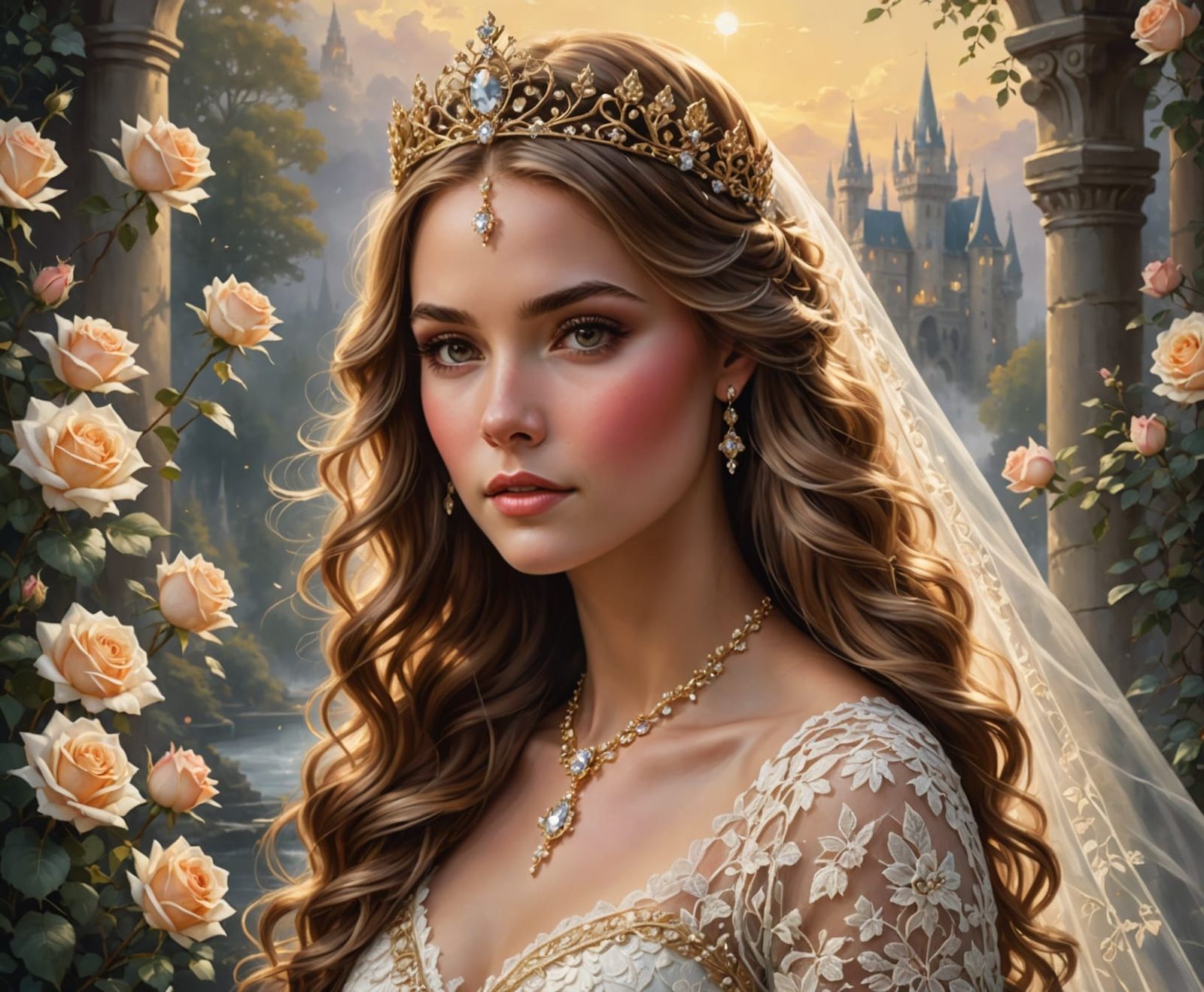 Ethereal Bride in Lace and Gold: A Hyperrealistic Painting