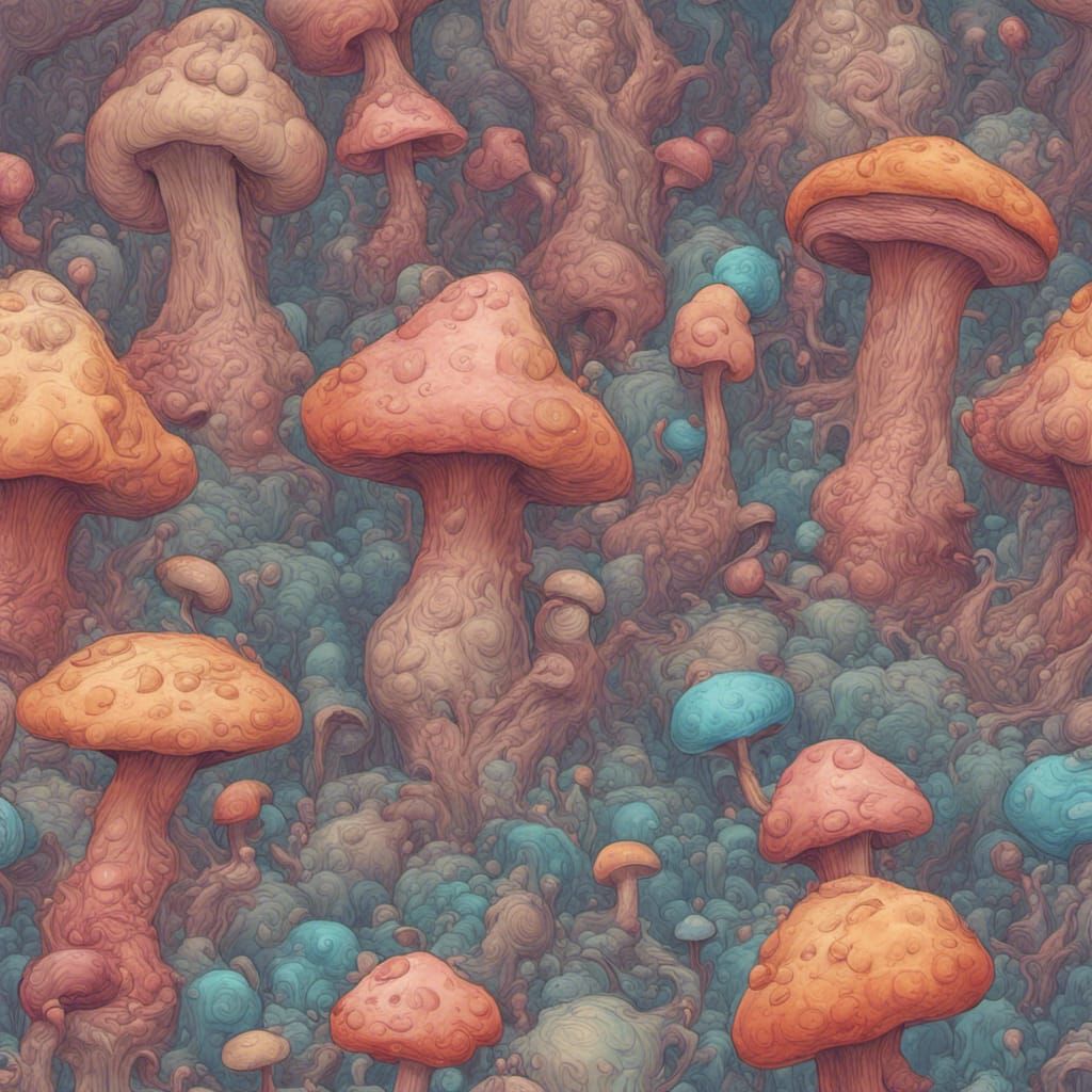 Mushroom People Transform: Hyperdetailed Pastel Sketch