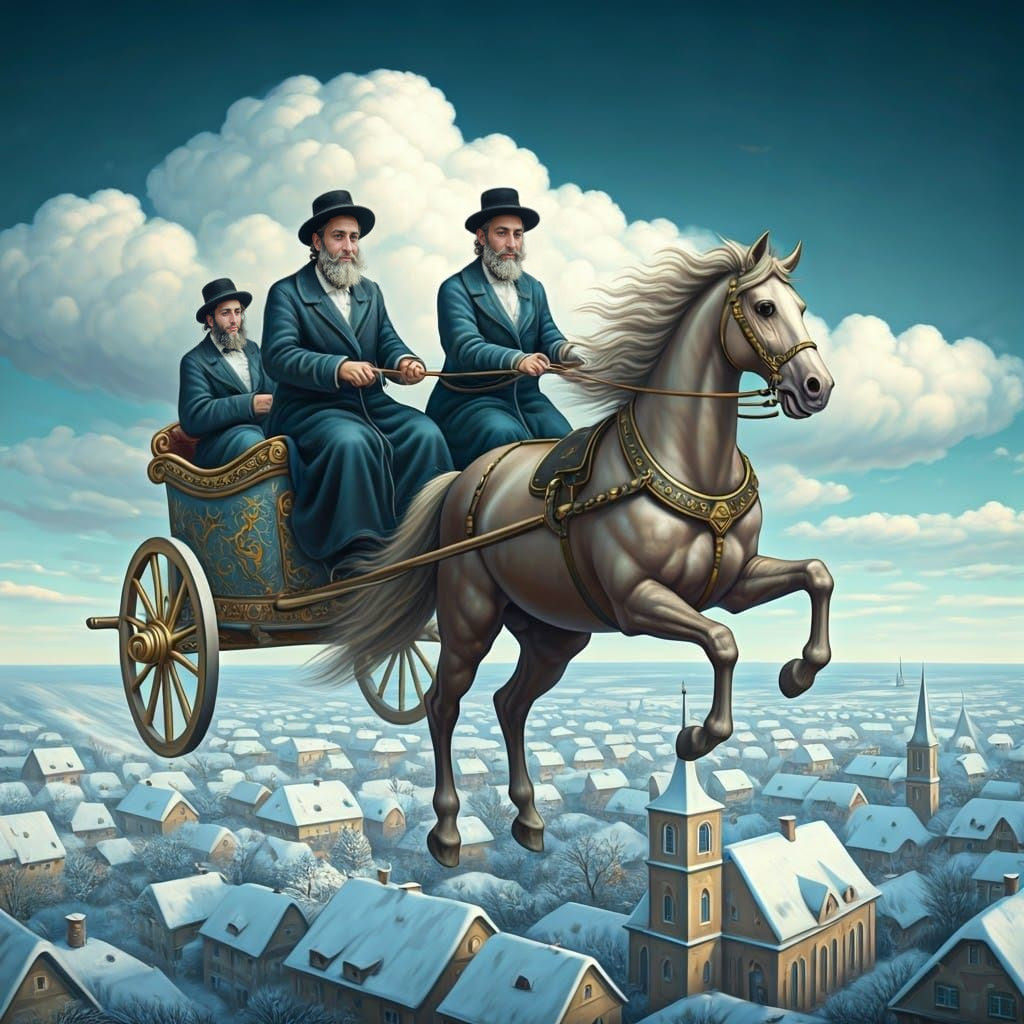 Ethereal Hasidic Jews Soar Above Whimsical Cloudscapes in Or...