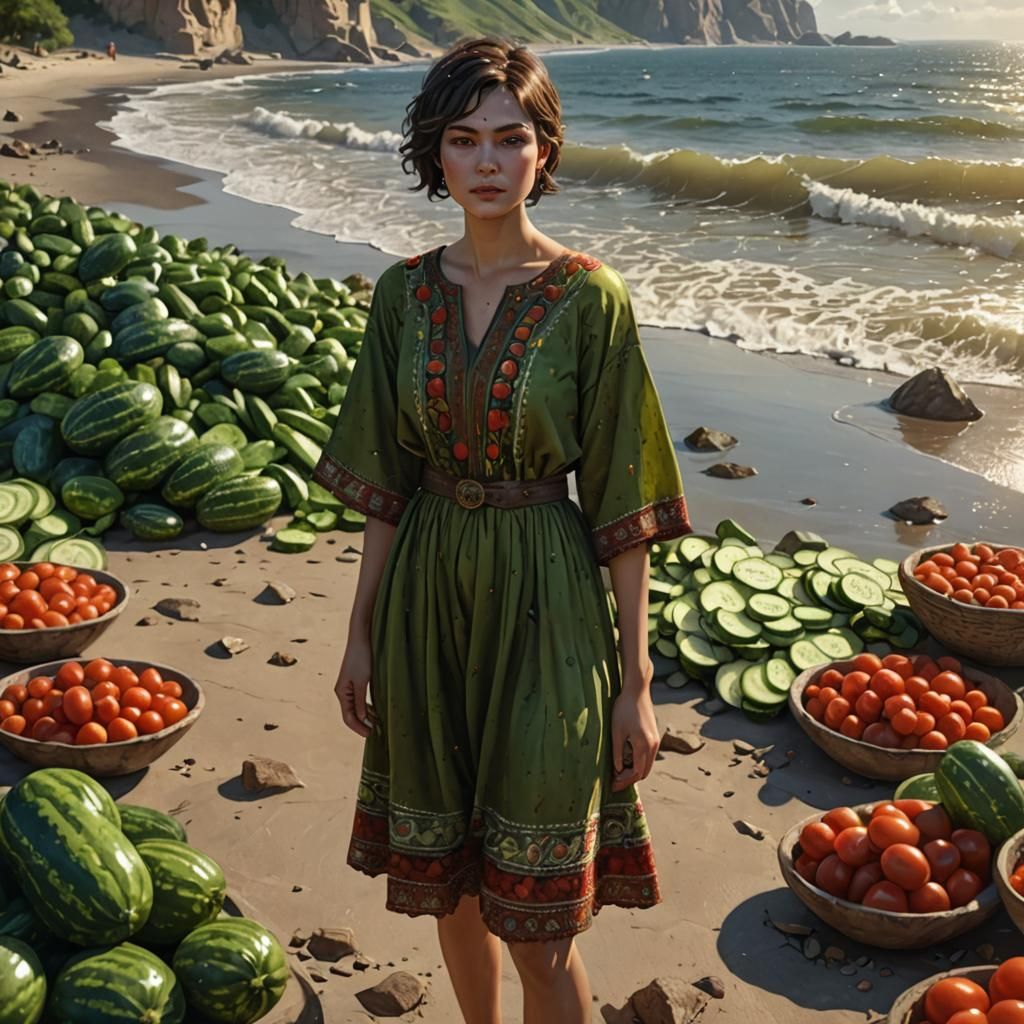 Uzbek Girl in Vegetable Dress on Seashore