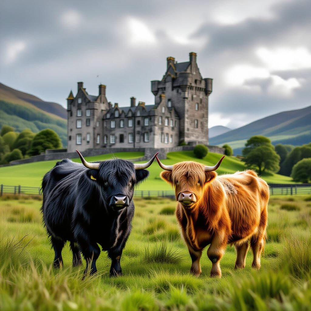 Highland Cows Before Ancient Scottish Castle Realistic