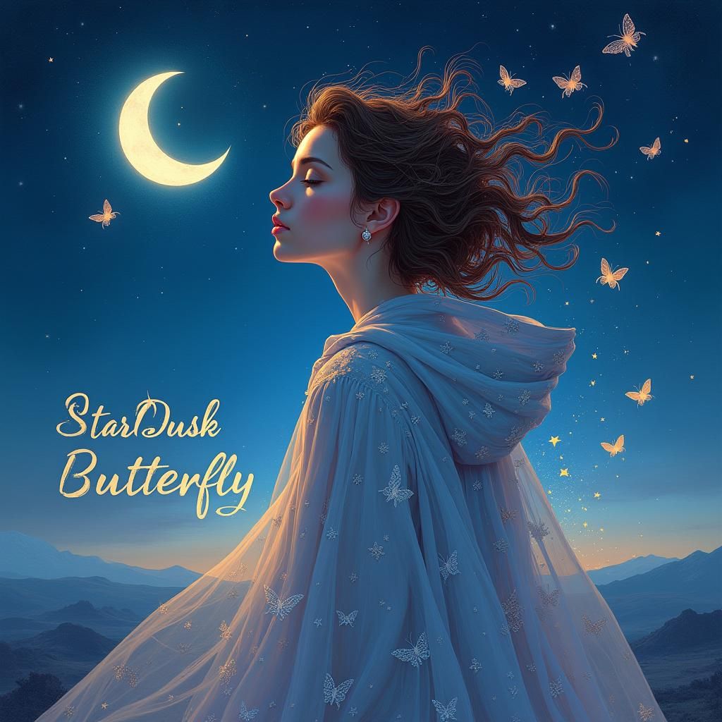 Ethereal Woman with Stardust Butterflies and Crescent Moon