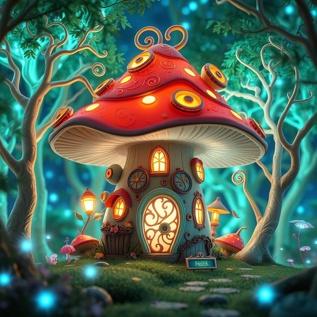 Enchanted Bioluminescent Forest Scene with Whimsical Mushroo...