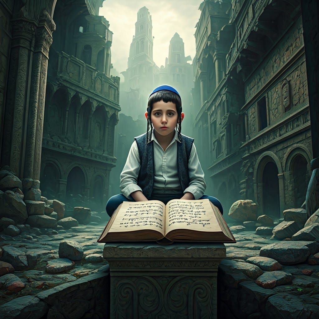 Jewish Boy Amidst Ancient Ruins: Fantasy Concept Art