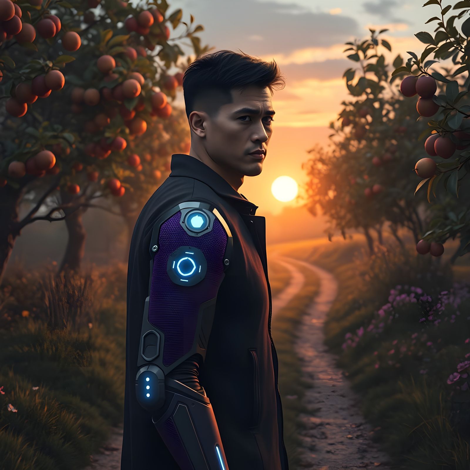 Transhuman Man Walks Toward the Camera in a Futuristic Lands...