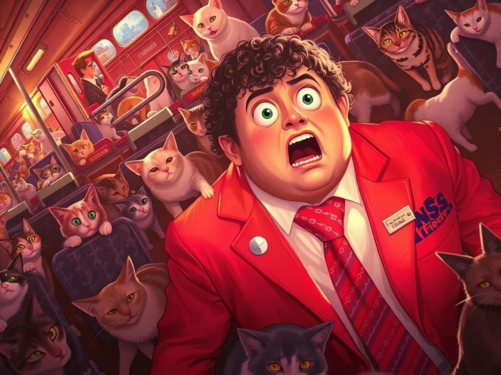 Surreal Train Ride: Man and Cats, Vivid Colors