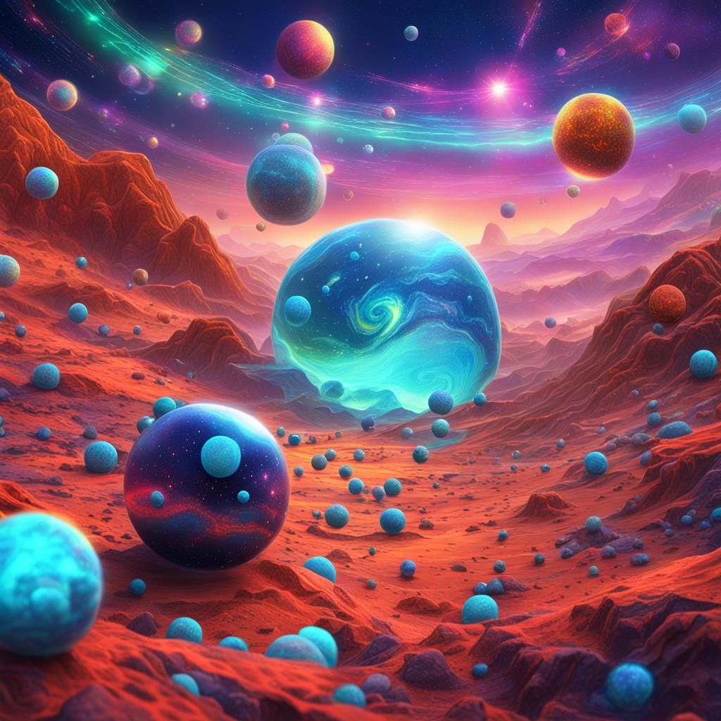 Balls Bouncing on Alien Planet, Holographic Illustration