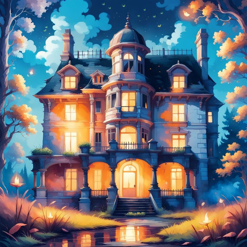 Abandoned Manor House with Spirits in the Night
