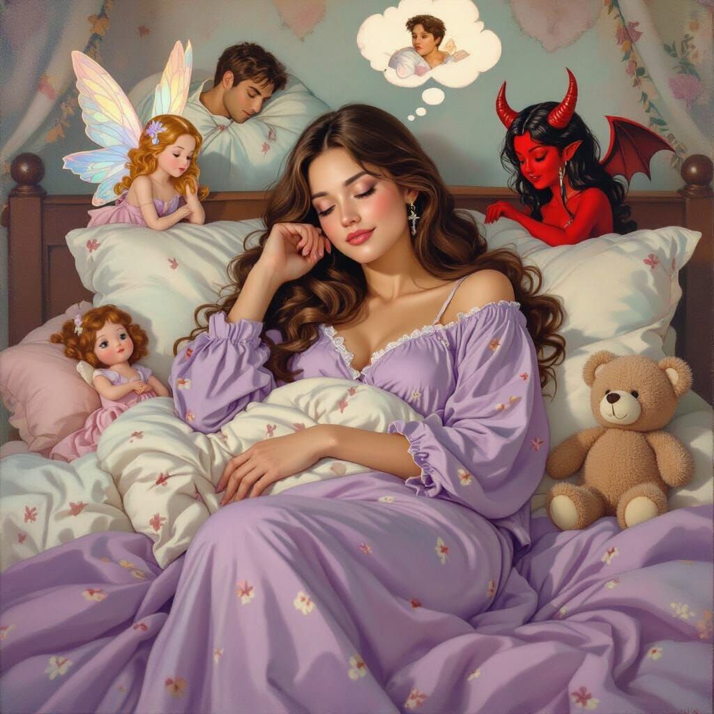 Woman's Dreamy Dilemma: Whimsical Oil Painting