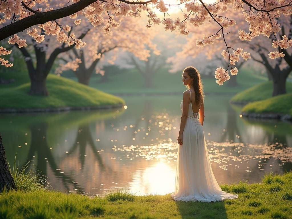 Serene Woman by Pond in Cinematic Style