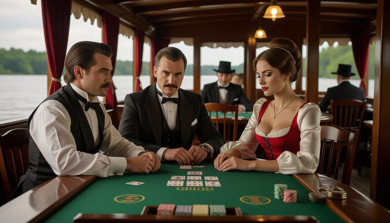Poker Game on 1850s Steamboat in Dramatic Light