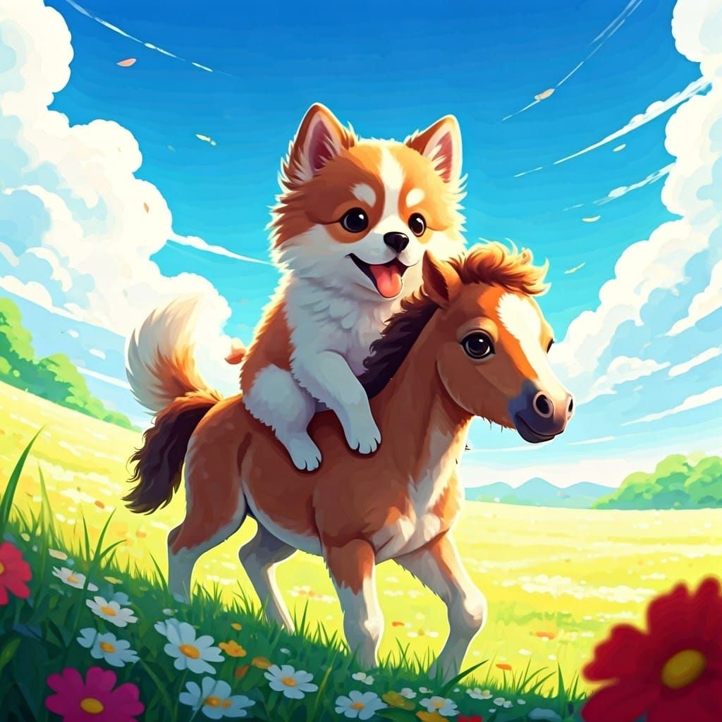 Adorable Anime Dog and Baby Horse Play Together in Vibrant M...