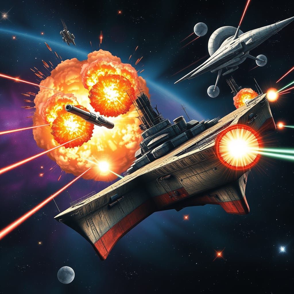 Japanese Battleship Yamato Engages Cosmic Battle in Space