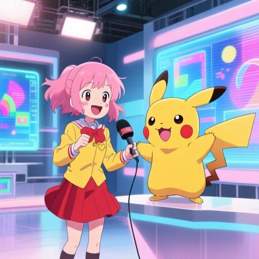 Anime Girl Interviews Happy Pikachu in Studio