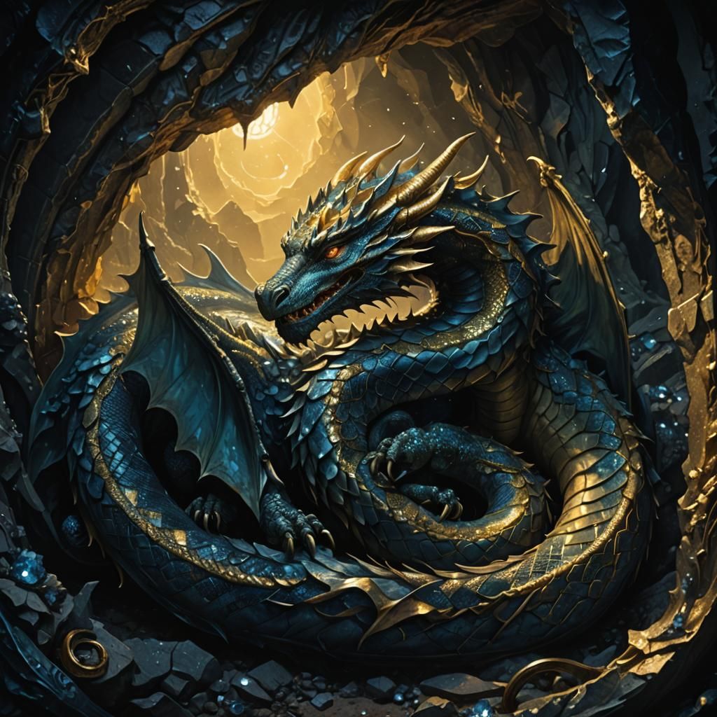 Sleeping Dragon in Crystalline Cave: Doré-Inspired Horror Ar...