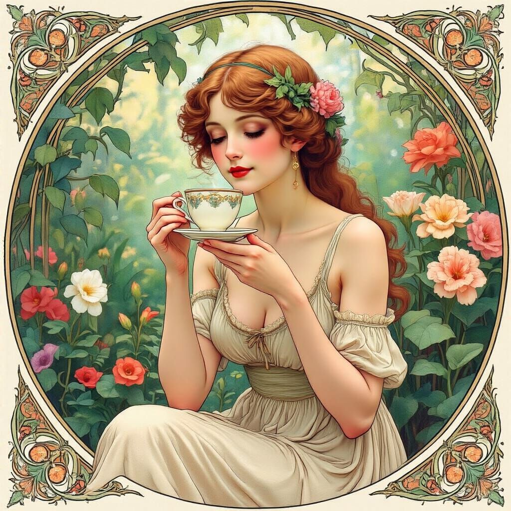 Elegant Woman Sipping Coffee, Art Nouveau Style