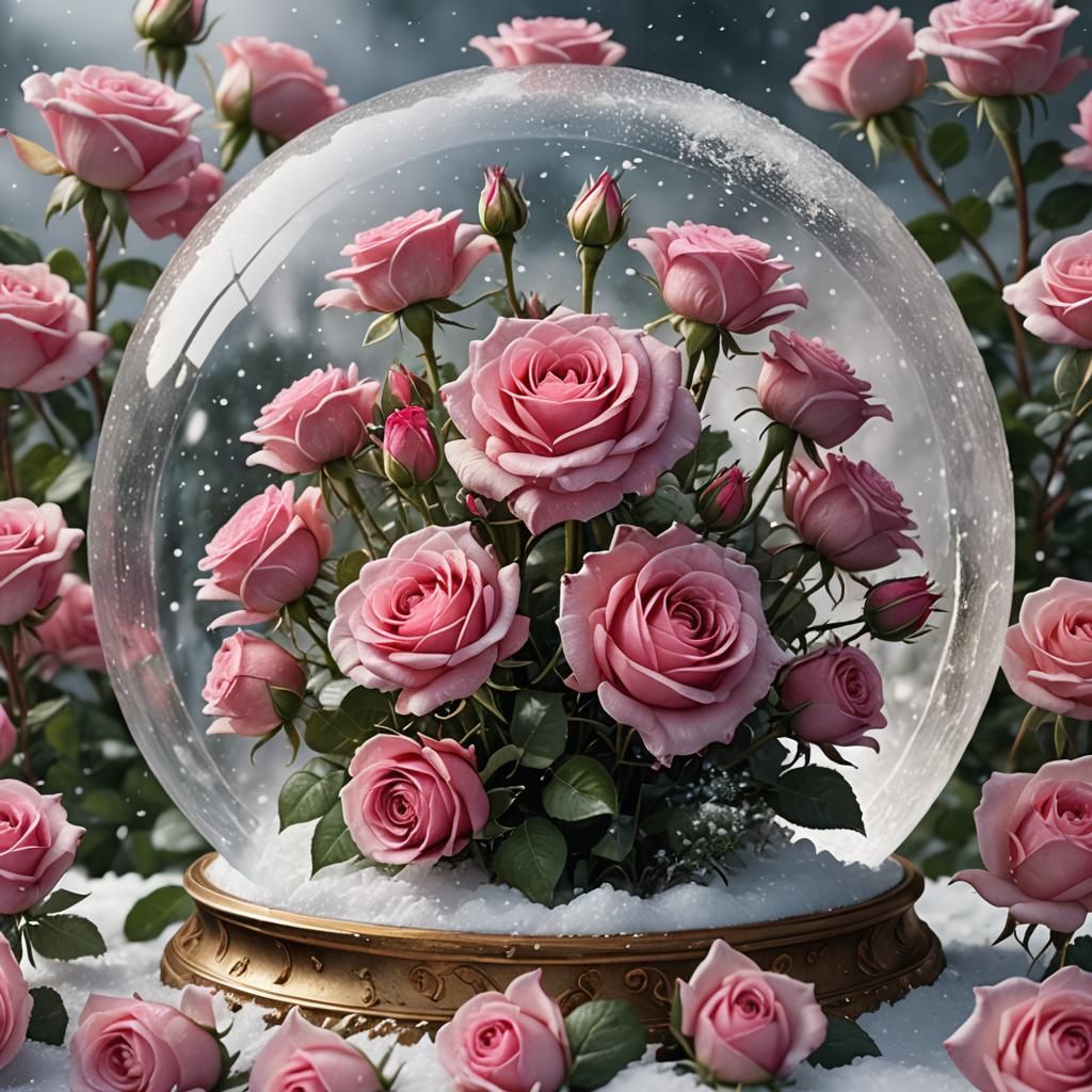 Pink Roses Bouquet in Snow Globe