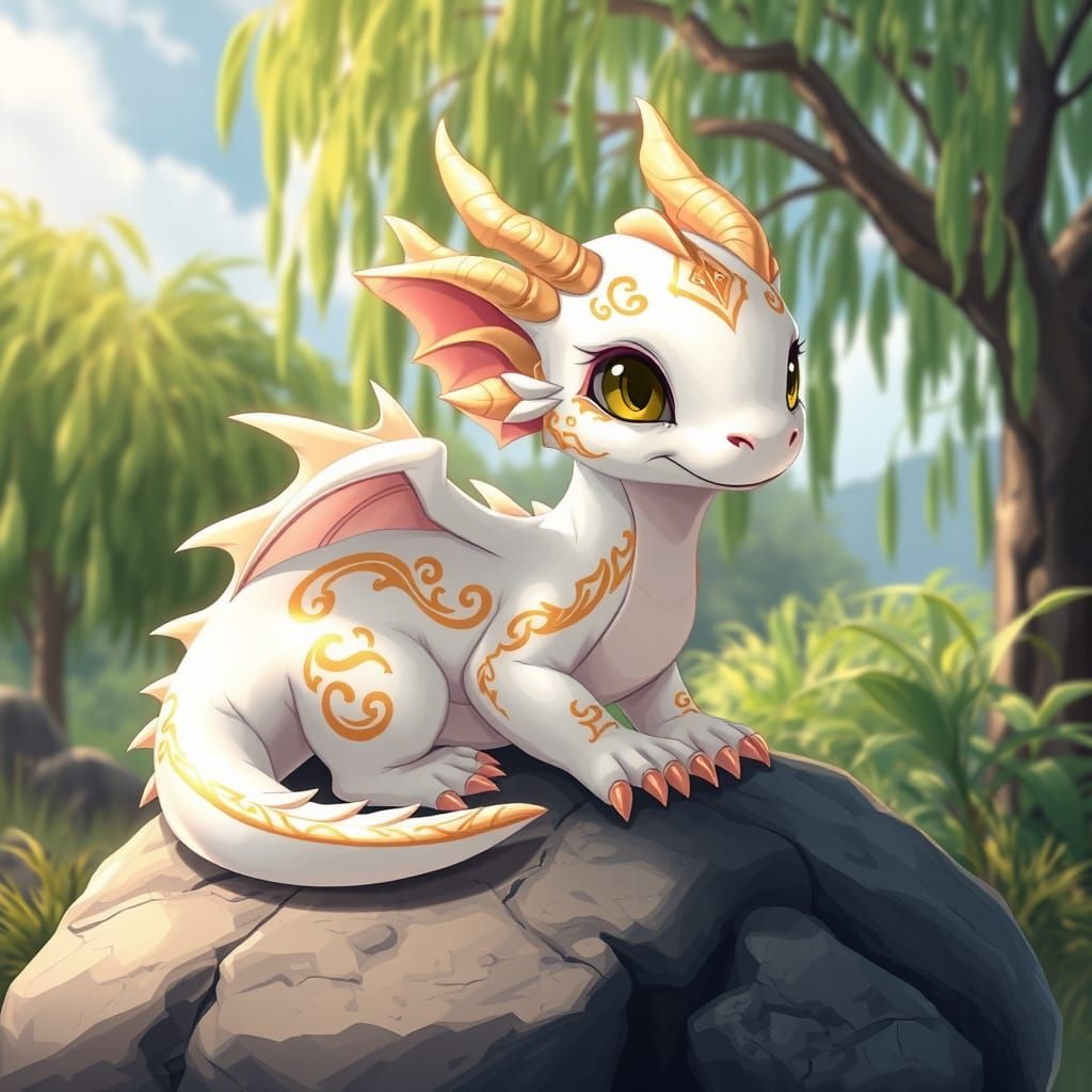 Manga-Inspired Baby Dragon Amidst Willow Tree