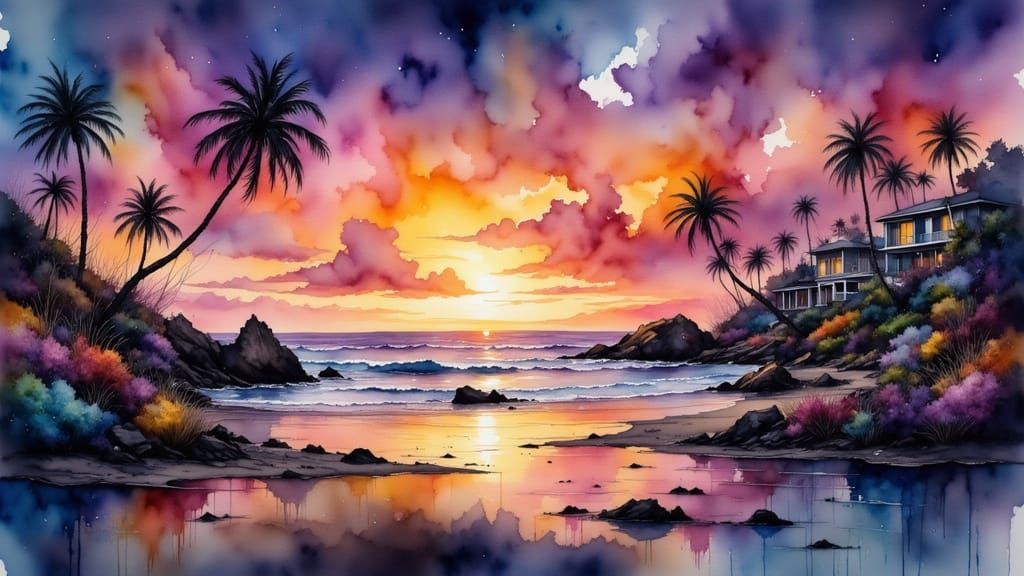 Sunrise Oceanfront Townscape in Synthwave Art