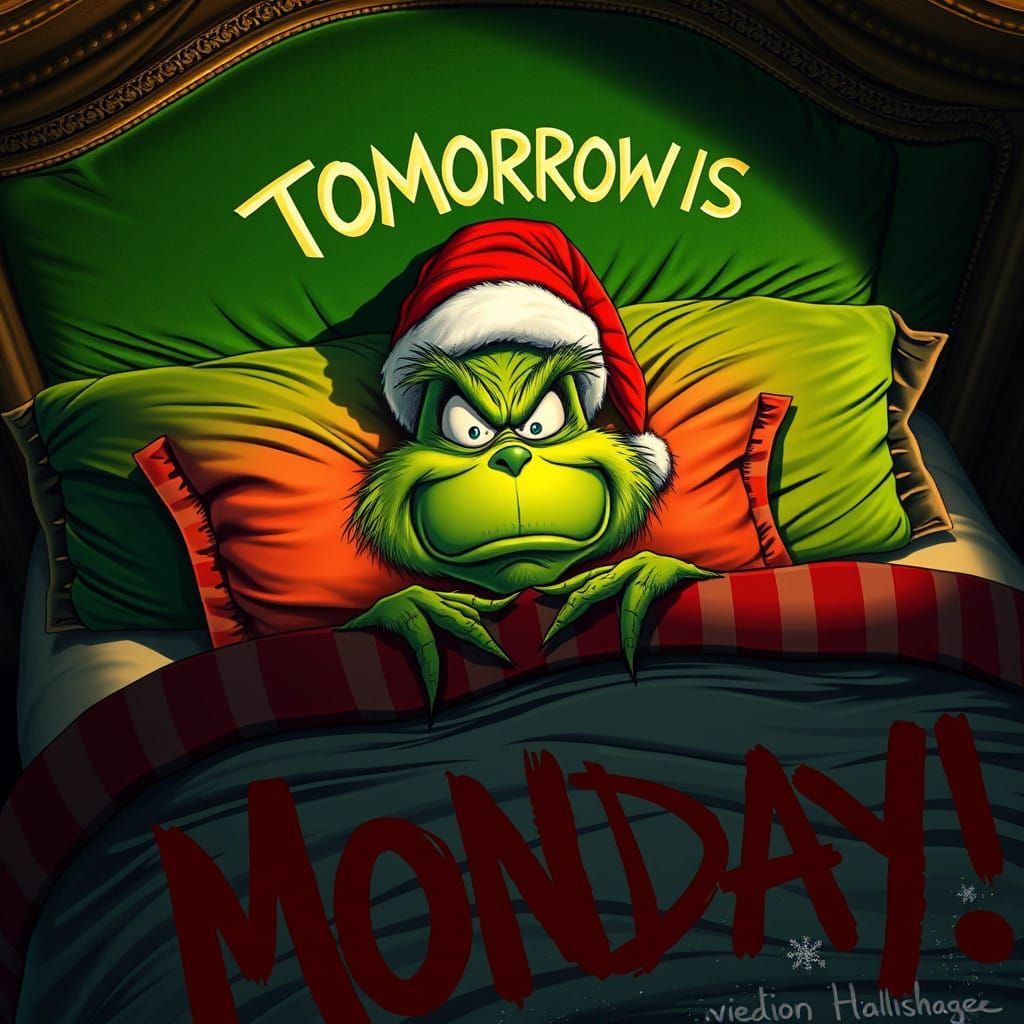 Whimsical Grinch Character Faces Christmas Morning Fears