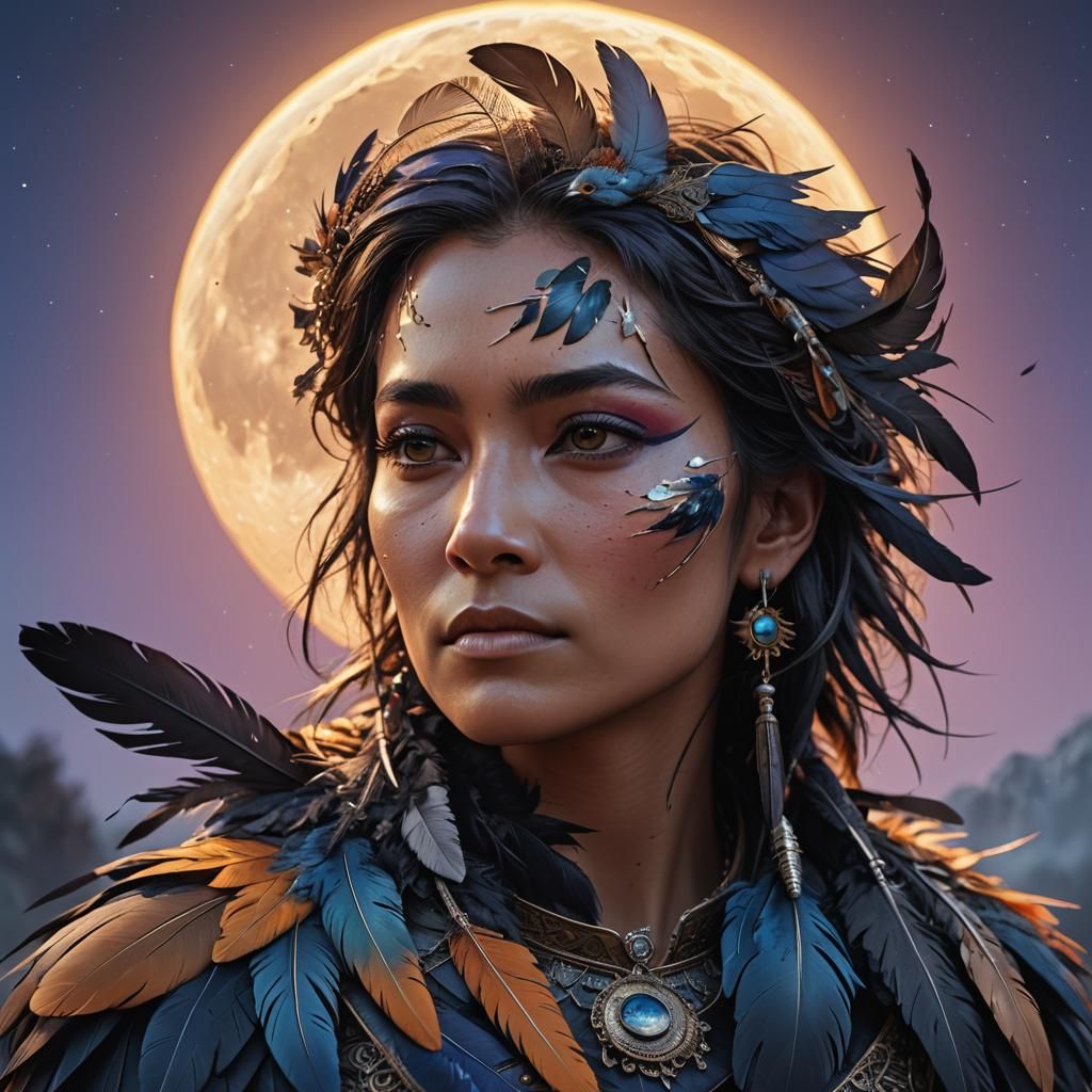 Raven Humanoid Woman Feather in Sunrise: 3D Art