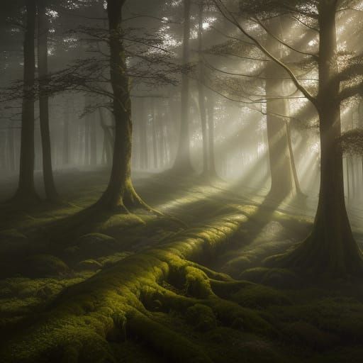 Ancient Woodland at Dawn in Romanticist Style