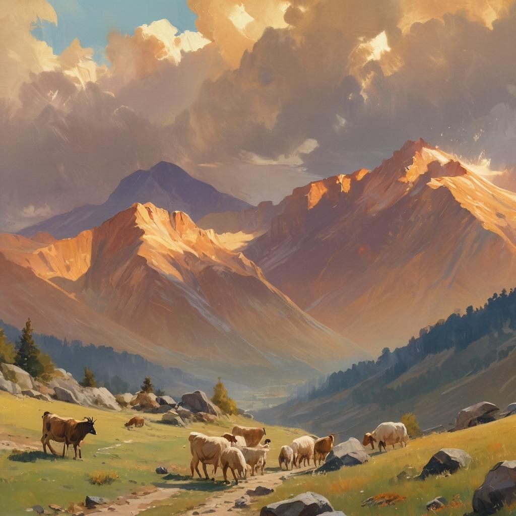 Impressionist Landscape with Shepherd and Goats