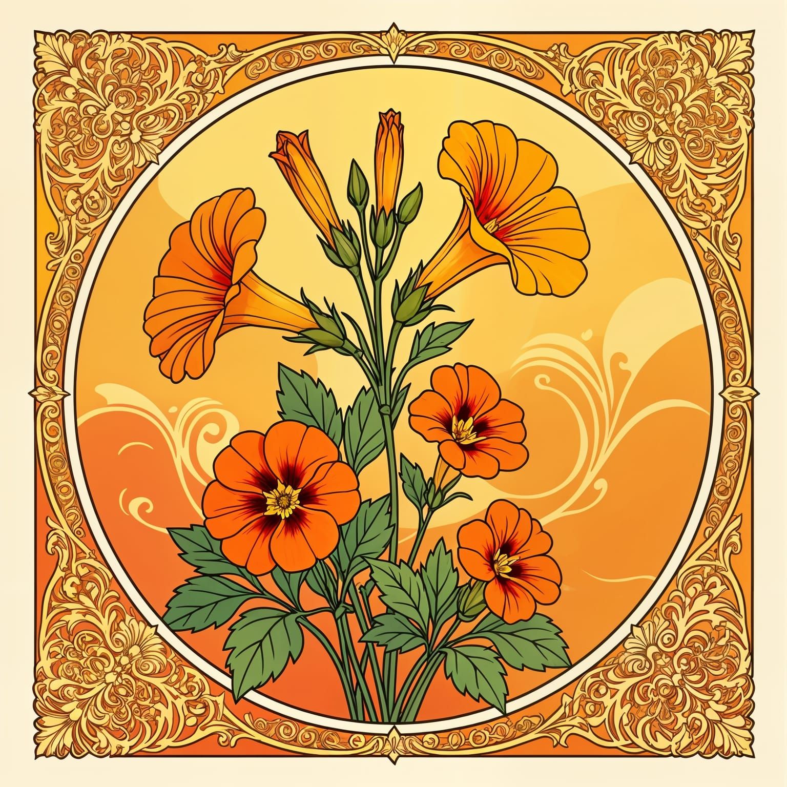 Art Nouveau Botanical Illustration with Orange Flowers