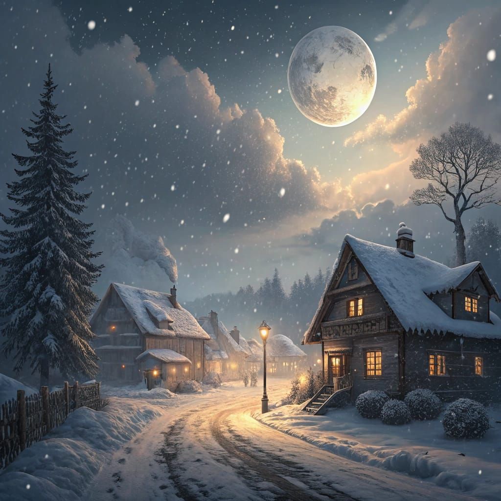 Snowy Village at Dusk Under Full Moon