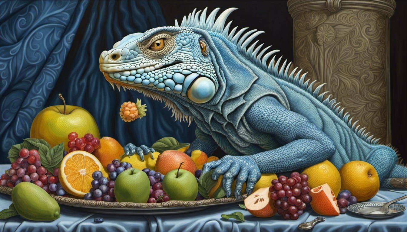 blue iguana, with a bowl of fruit