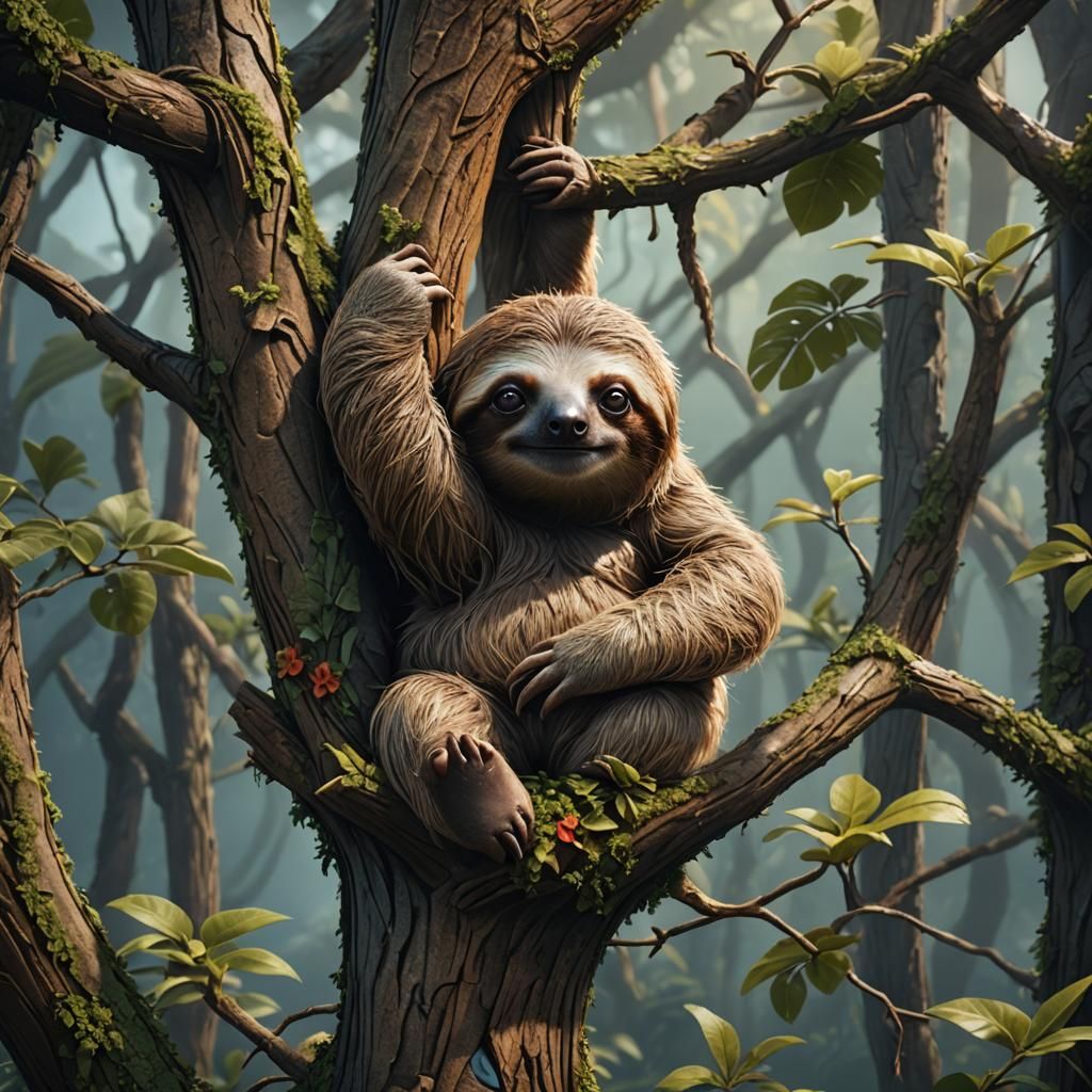 Lonely Baby Sloth in Detailed Fantasy Art