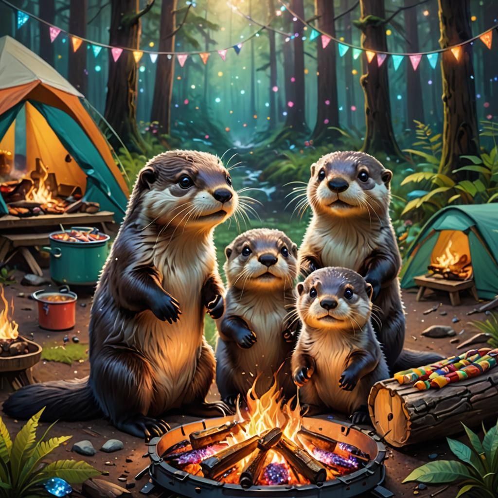 Otter Family Barbecue Camping in Forest, Pastel Art
