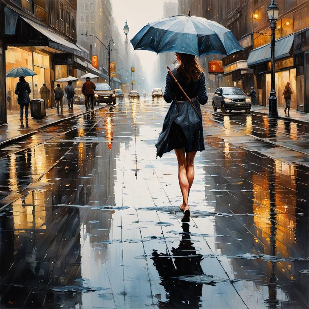 Woman Walks in Rainy Watercolor Cityscape