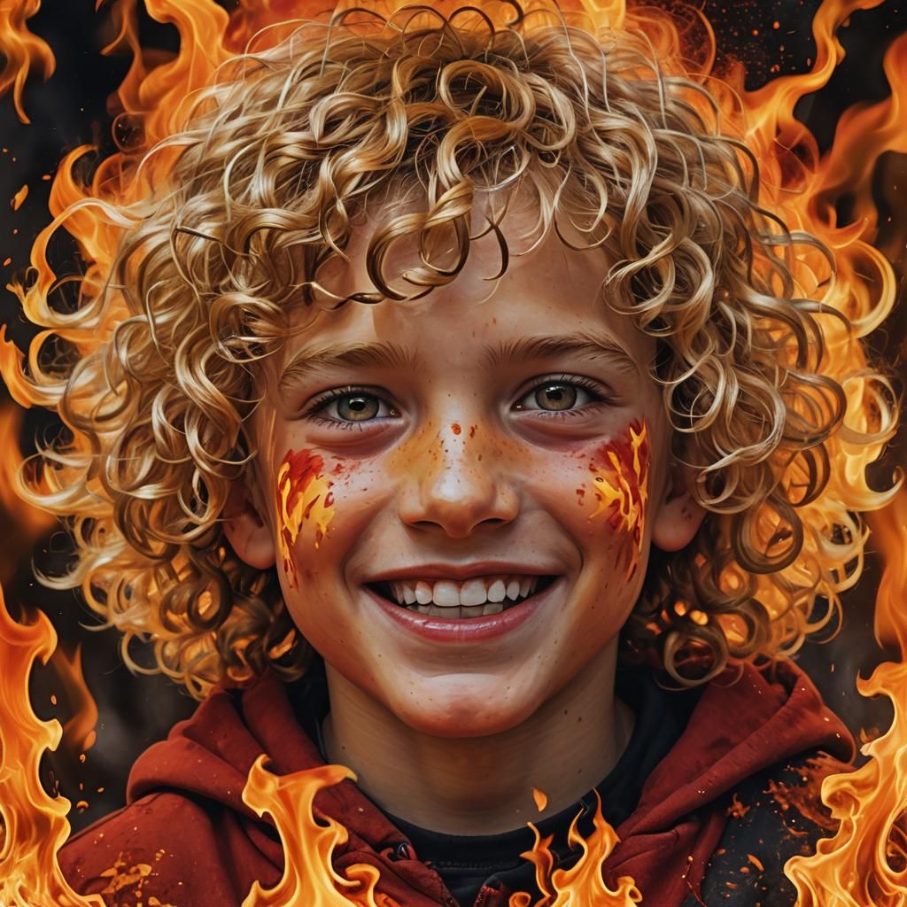 Boy Surrounded by Flames: A Detailed Matte Painting