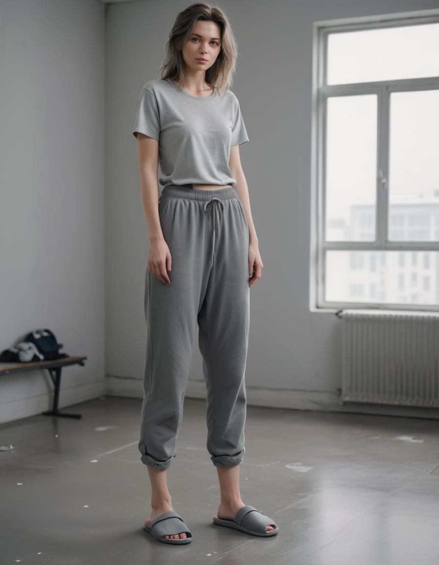Tired Woman in Sport Trousers in Empty Room