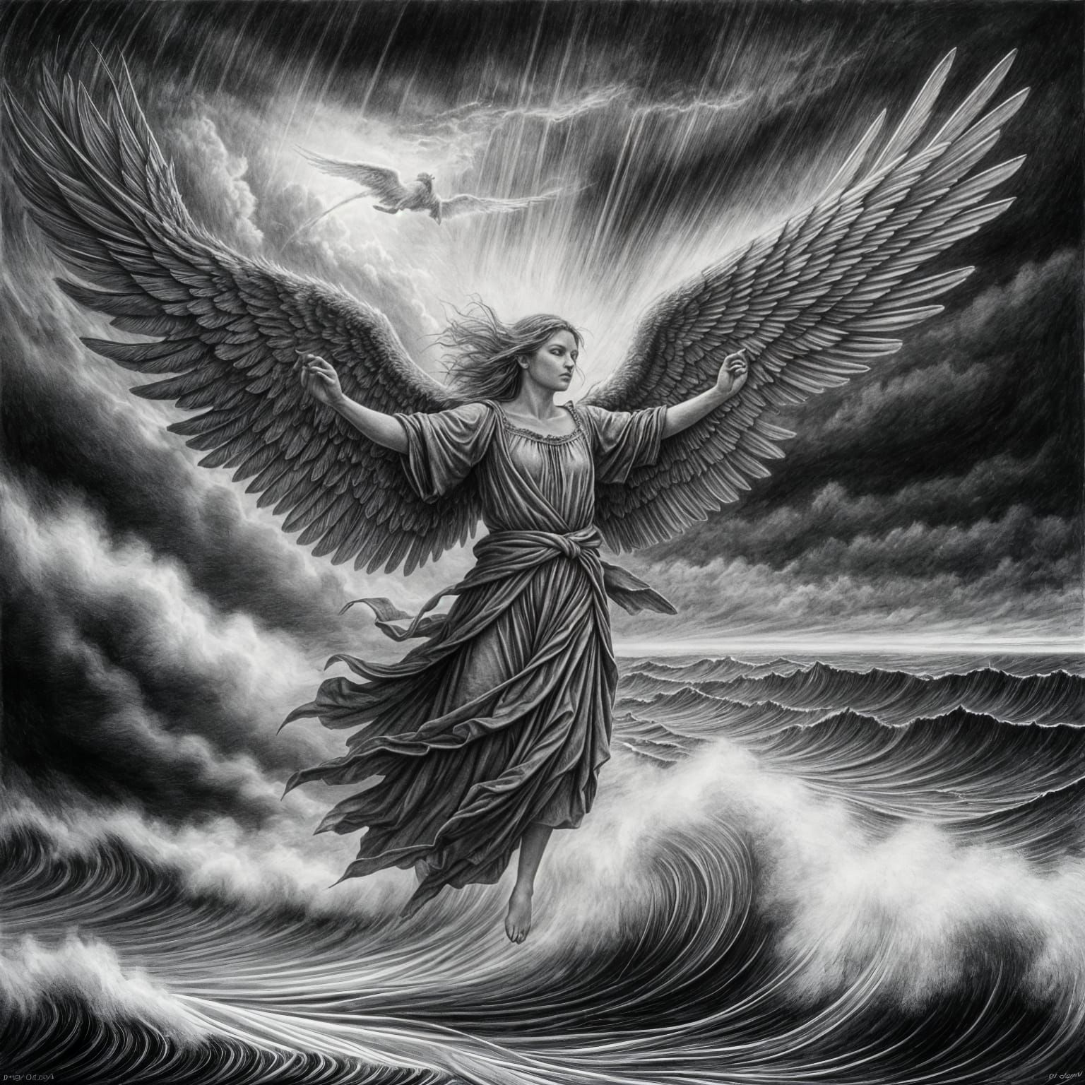 Hyperdetailed Charcoal Drawing: Angel in Stillness
