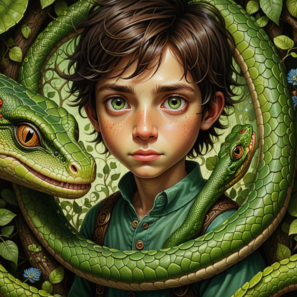Whimsical Boy Rides Majestic Lizard in Dreamlike Fantasy Lan...