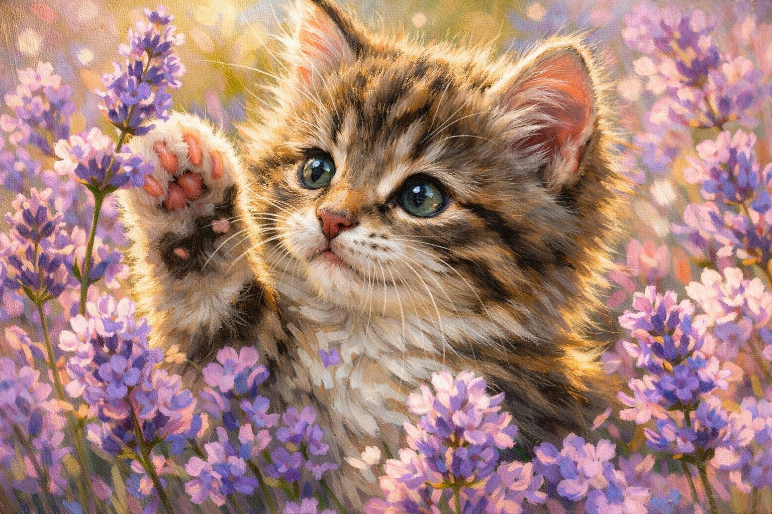 Kitten Playing in Lavender Field as Vibrant Oil Painting