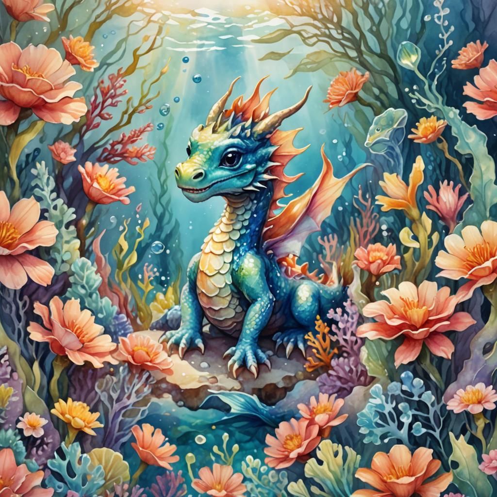 Watercolor Baby Dragon in Underwater Coral Reef