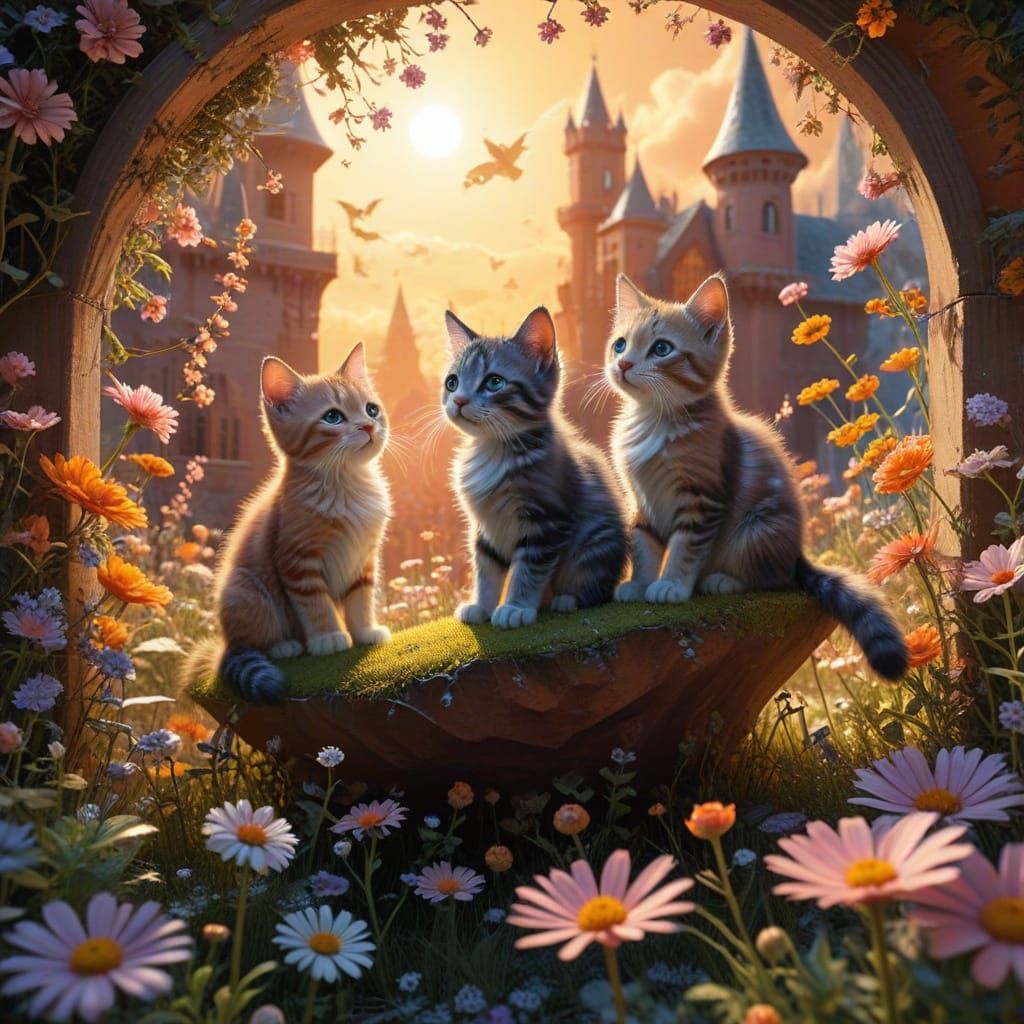 Kittens in Impossible Mathematical Landscape, Dreamlike Art