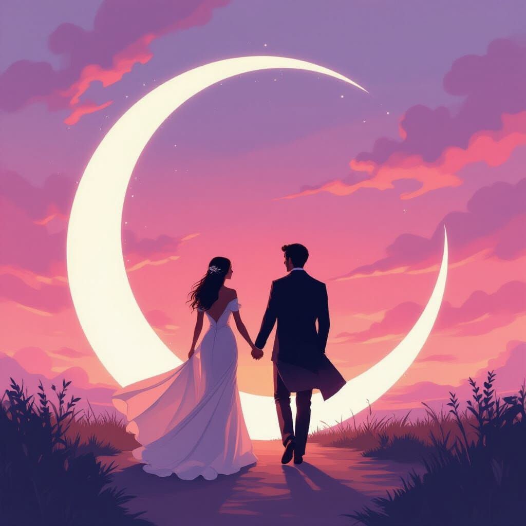 Romantic Couple Embracing Ethereal Moonlit Portal