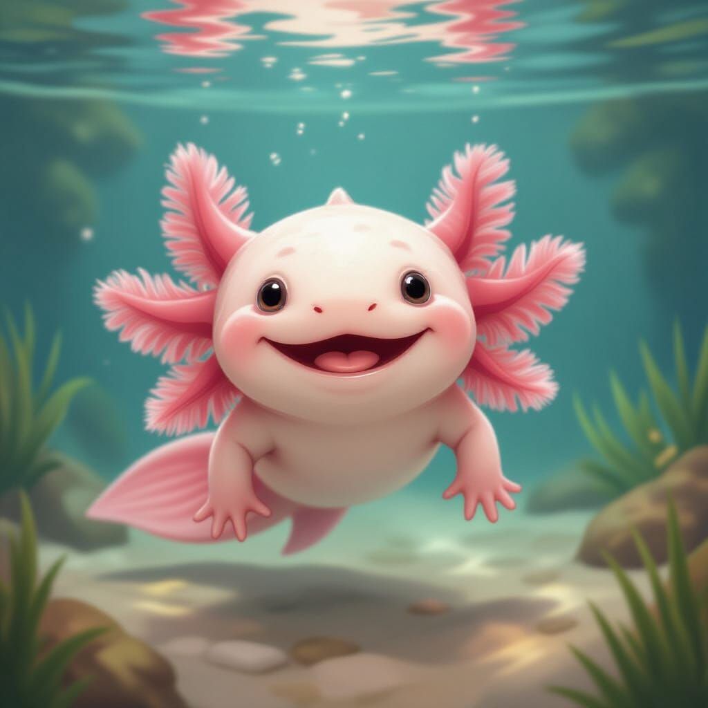 Adorable Smiling Axolotl in Crystal Clear Tank