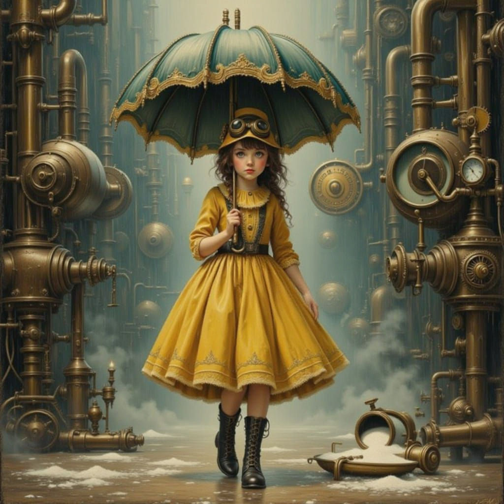 Steampunk Morton Girl in Victorian Dress with Ornate Umbrell...