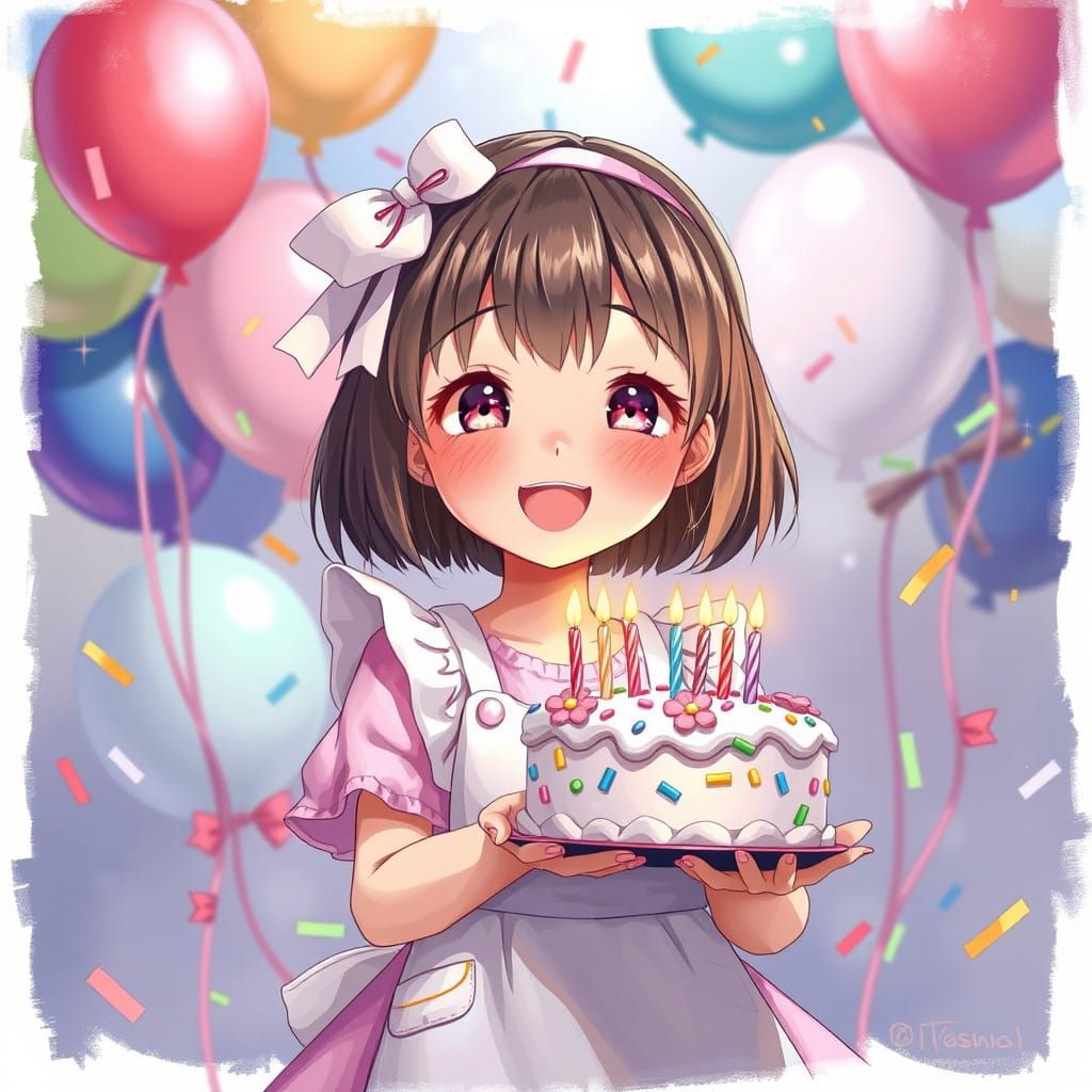 Anime Birthday Girl in Pastel Pink Dress with Birthday Cake