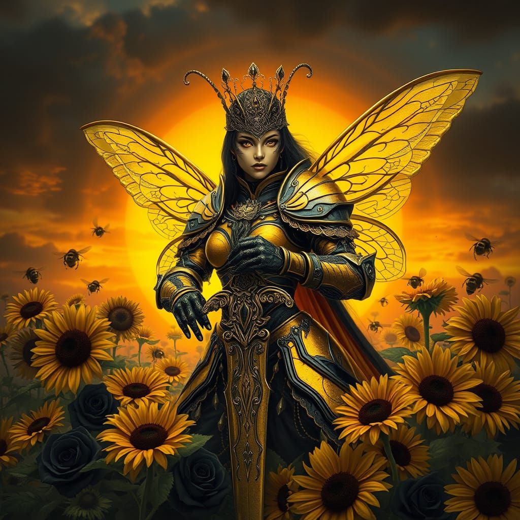 Regal Bumblebee Warrior in Gothic Armor, Iridescent Shimmer,...