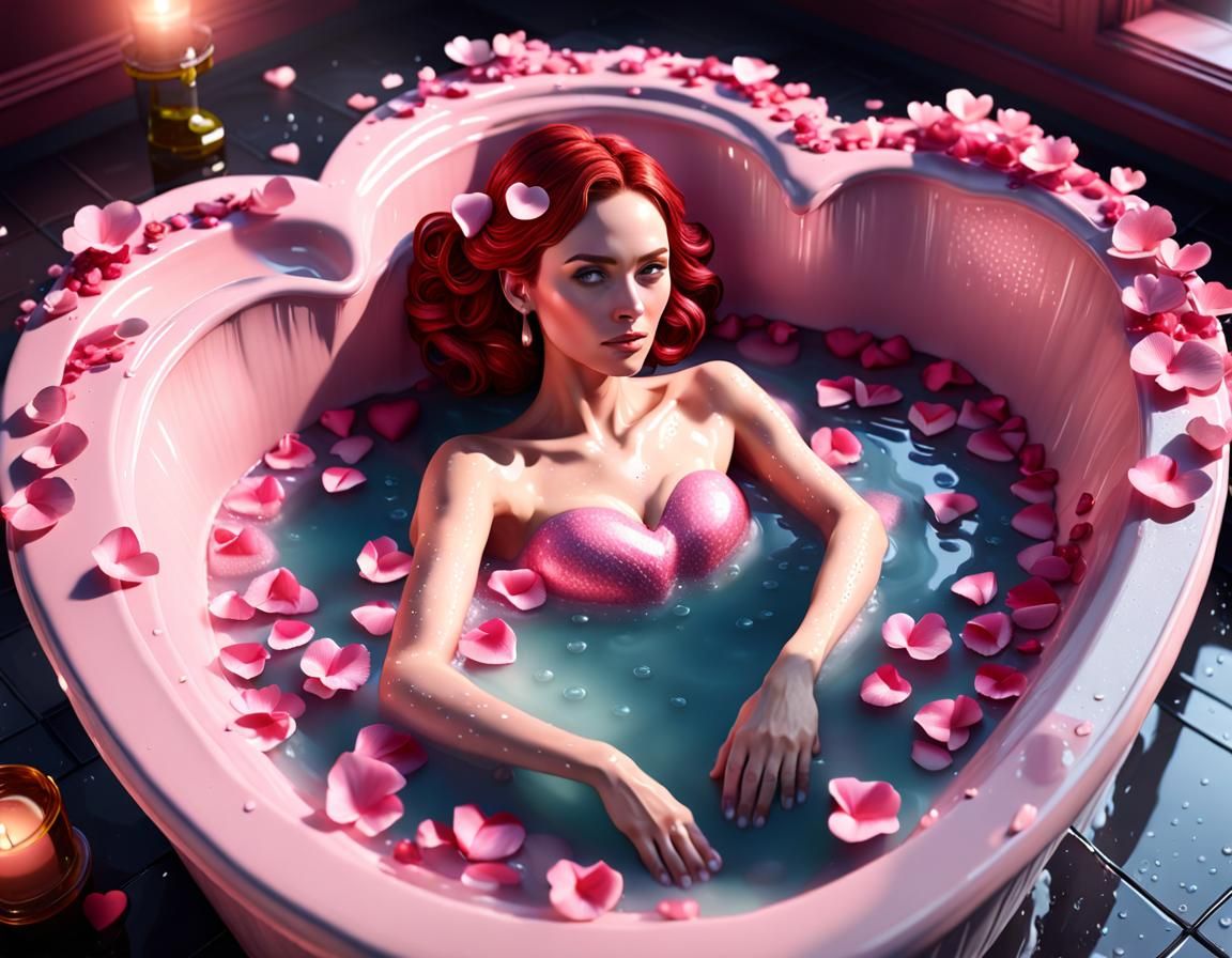 (Heart shaped bathtub pink), (young redhead woman in bubble bath), (big heart framing tub), (heart shape petals floatin...