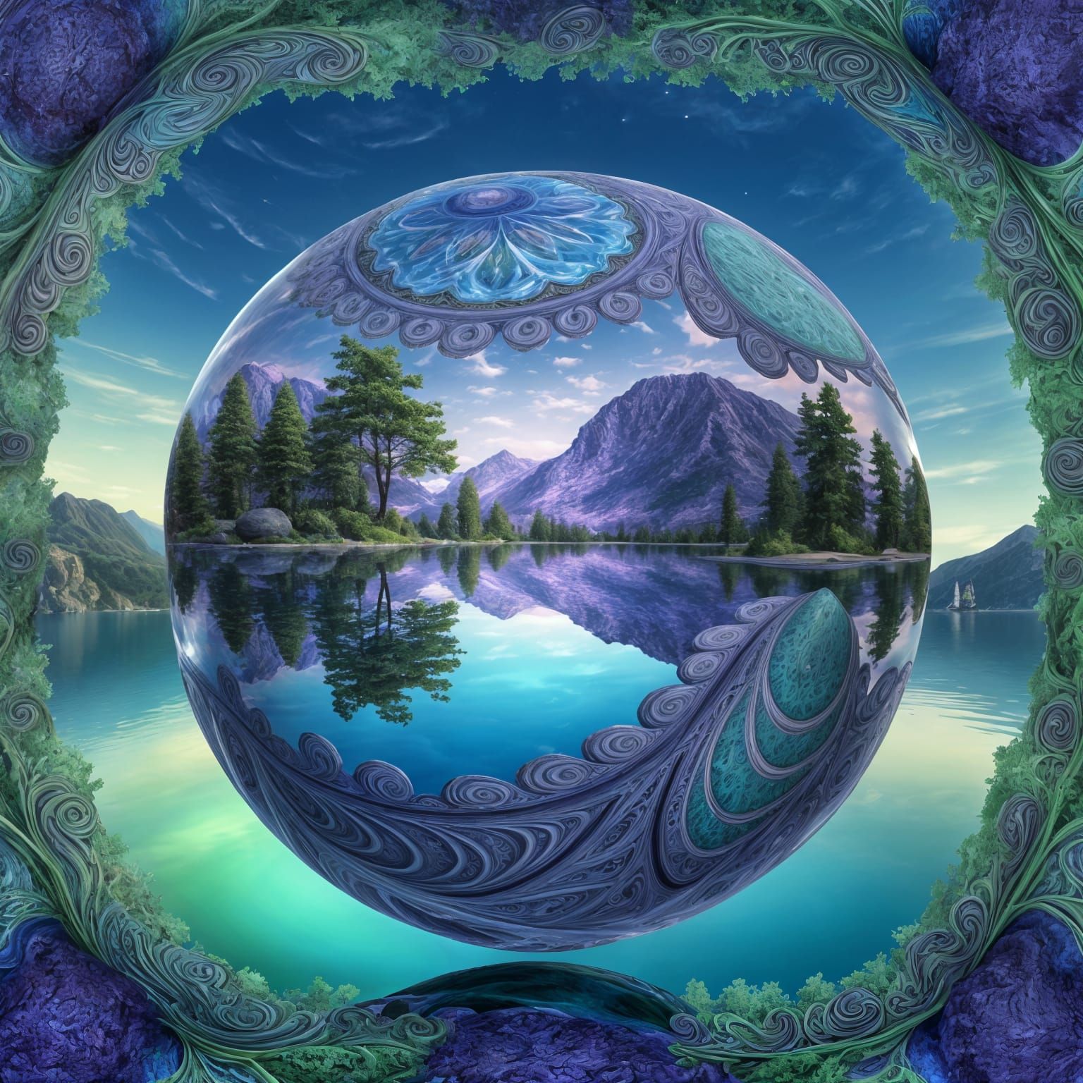 Paisley Fractal Crystal Ball over Crystal Lake