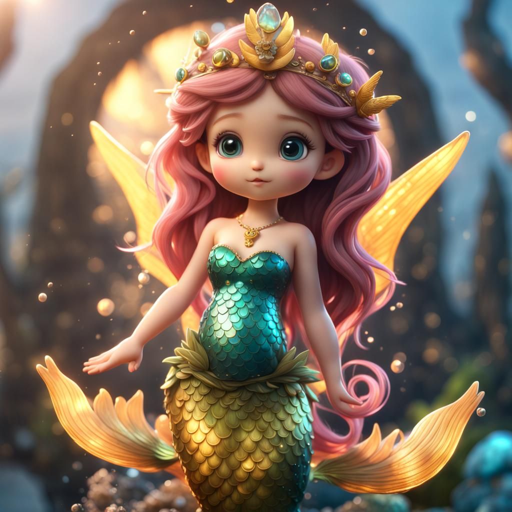 Winged Mermaid Chibi in Hyperrealistic Detailed Painting