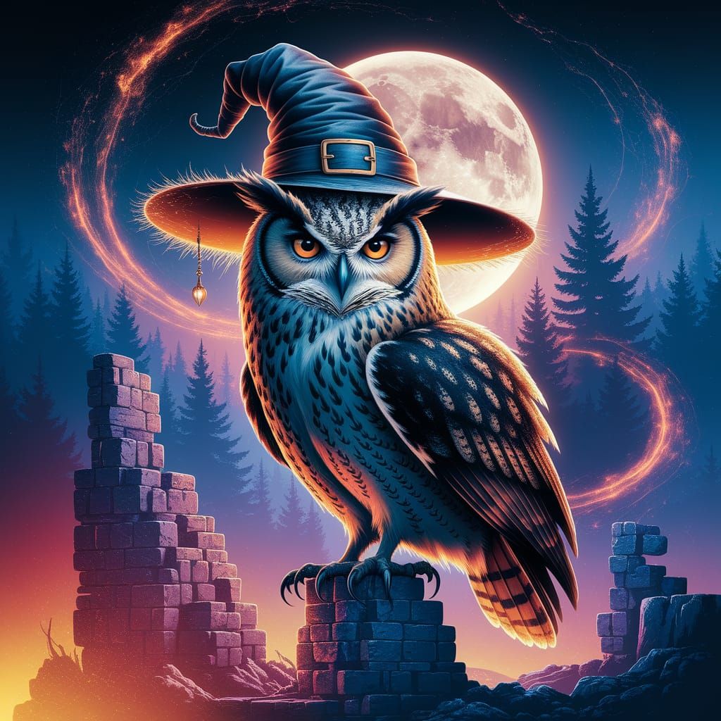 An epic fantasy illustration of a majestic owl, wearing an a...