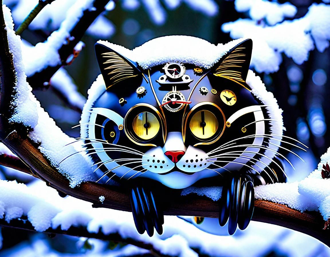 Steampunk Cheshire Cat Robot on Snowy Branch